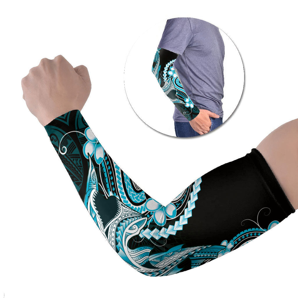 Blue Black Aloha Hawaii Arm Sleeves Polynesian Shark Tattoo Plumeria