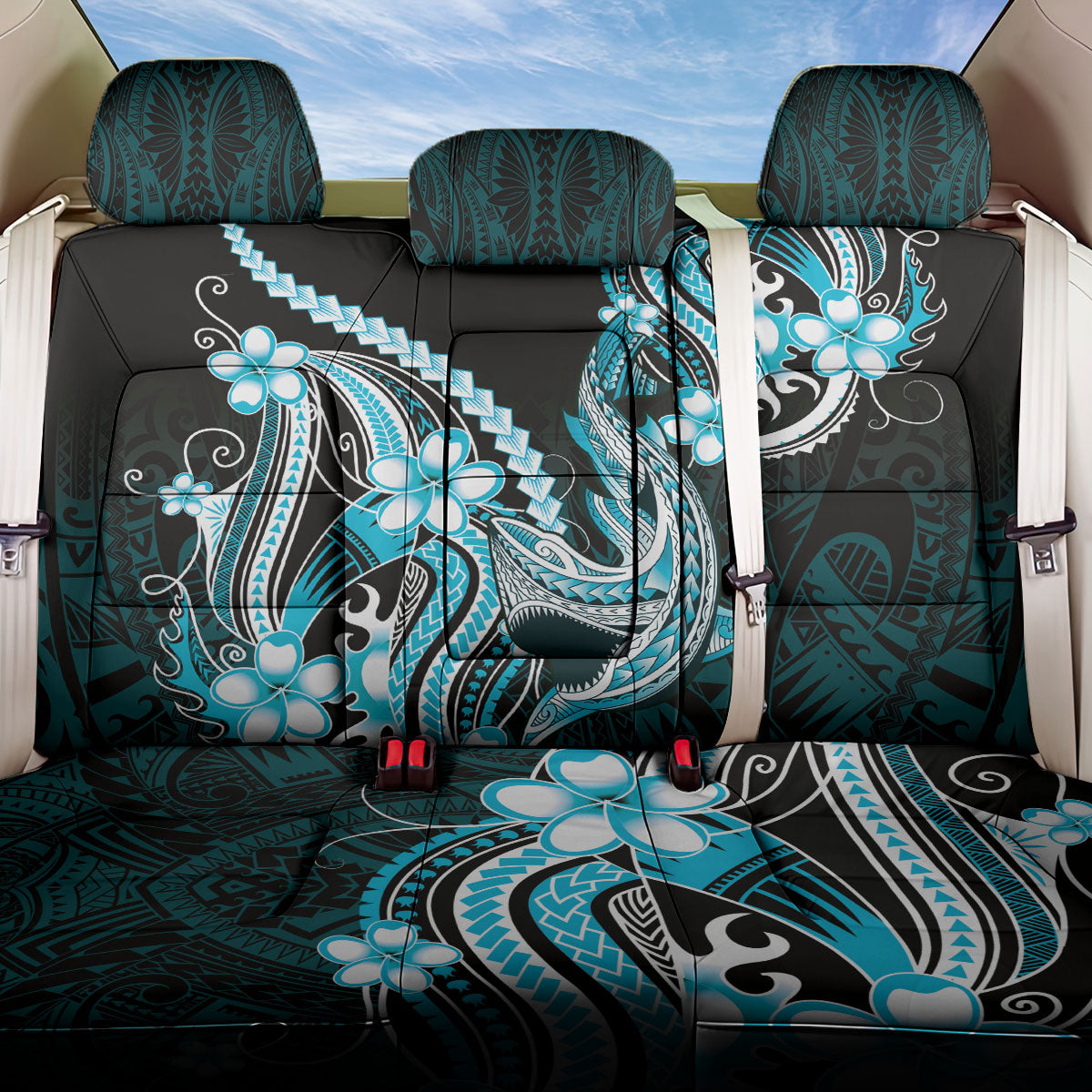 Blue Black Aloha Hawaii Back Car Seat Cover Polynesian Shark Tattoo Plumeria
