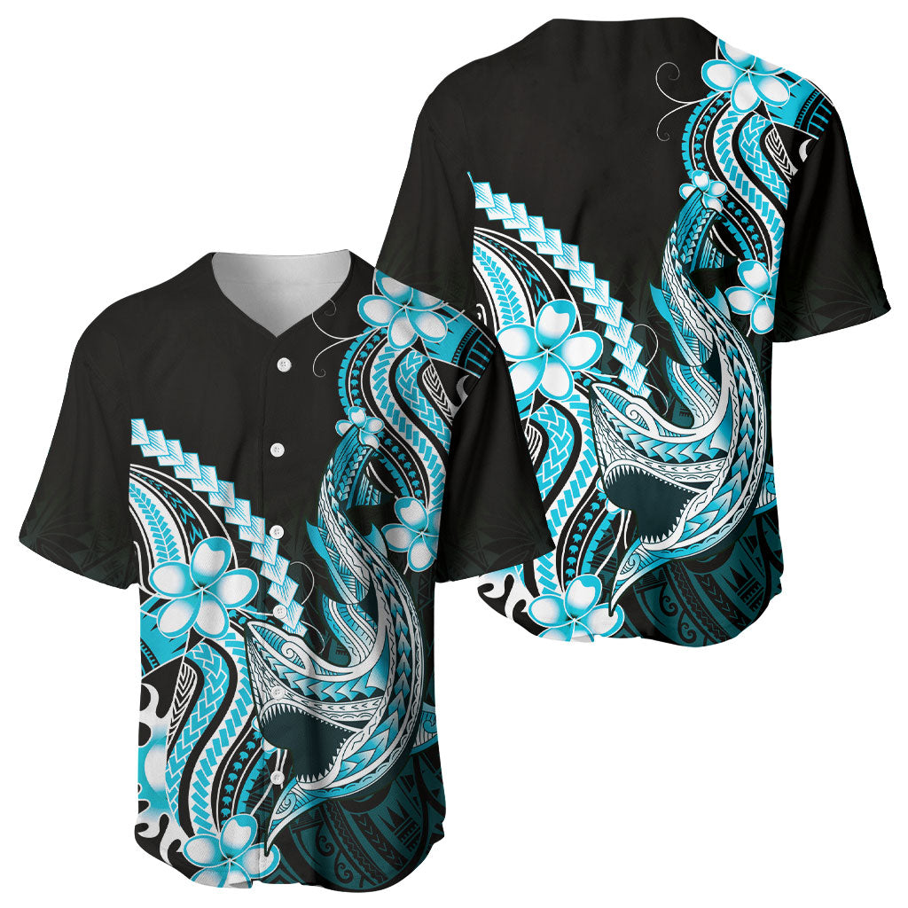 Blue Black Aloha Hawaii Baseball Jersey Polynesian Shark Tattoo Plumeria
