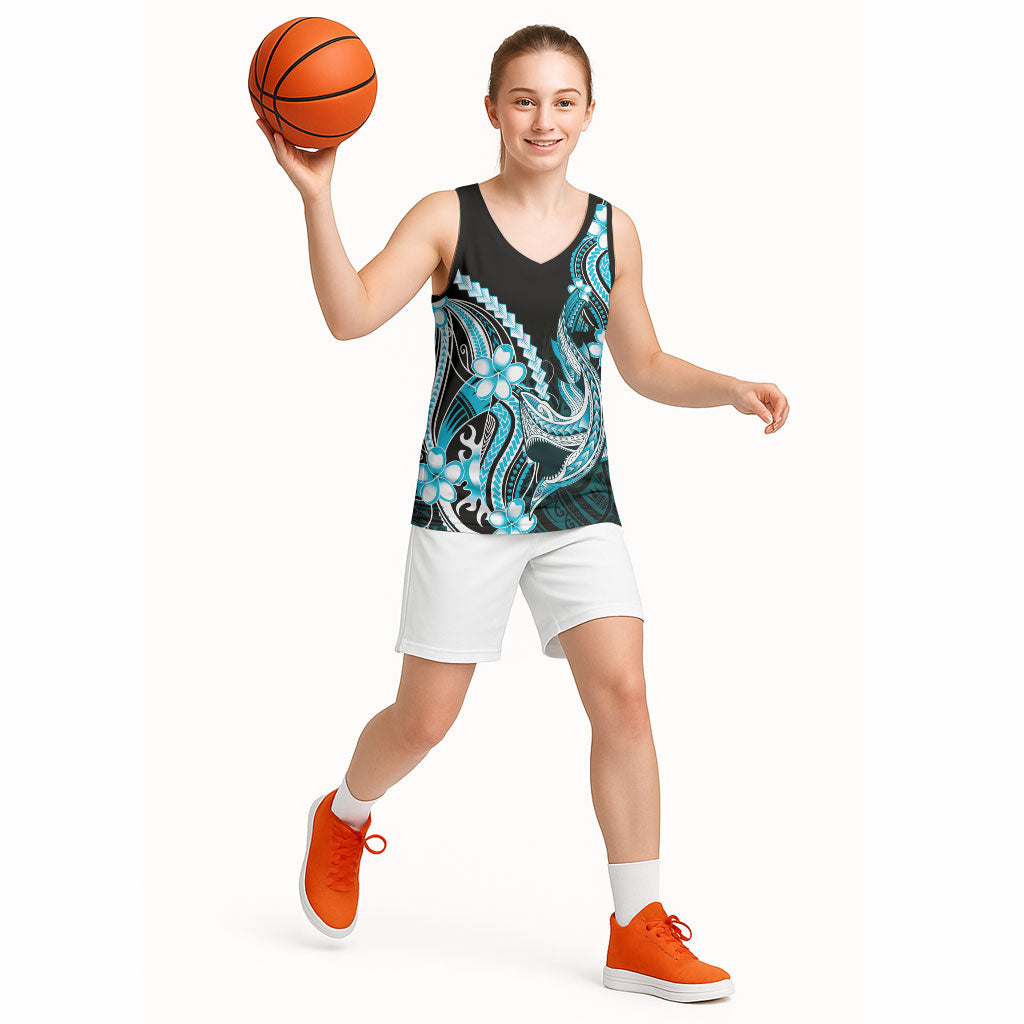 Blue Black Aloha Hawaii Basketball Jersey Polynesian Shark Tattoo Plumeria