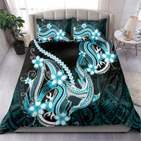 Blue Black Aloha Hawaii Bedding Set Polynesian Shark Tattoo Plumeria