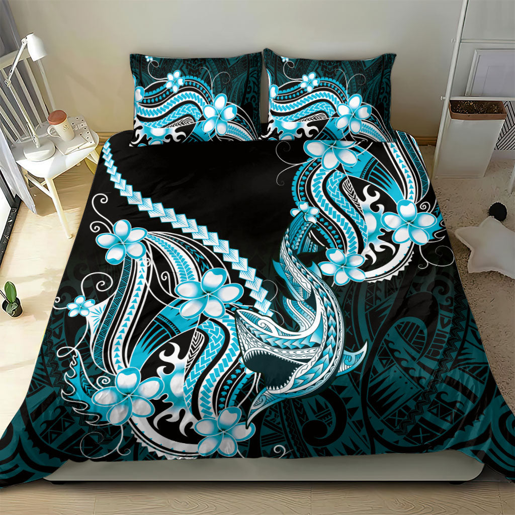 Blue Black Aloha Hawaii Bedding Set Polynesian Shark Tattoo Plumeria
