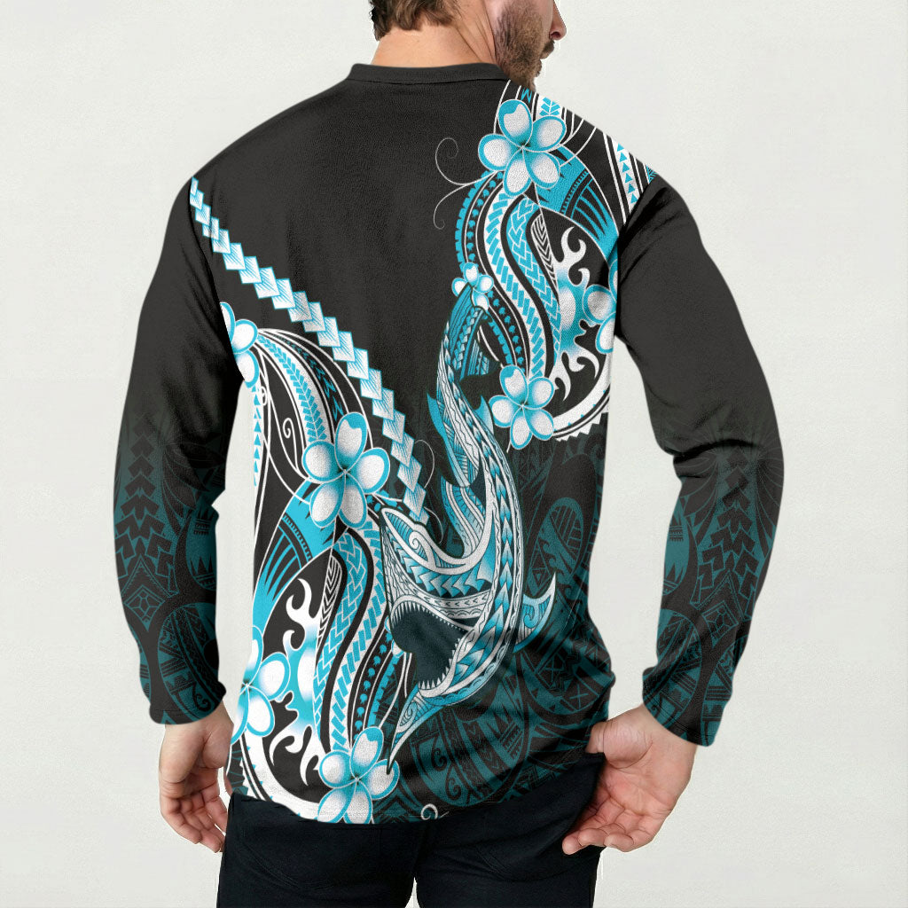 Blue Black Aloha Hawaii Button Sweatshirt Polynesian Shark Tattoo Plumeria