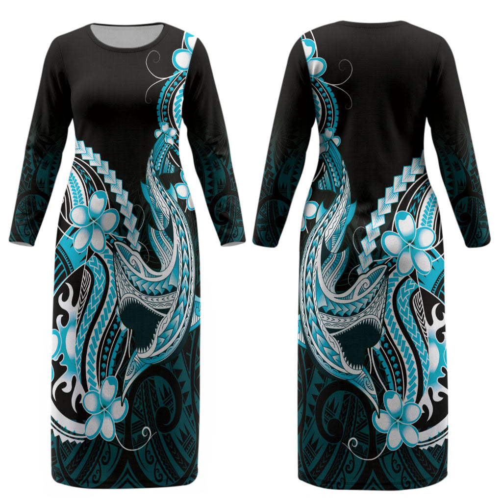 Blue Black Aloha Hawaii Couples Matching Long Sleeve Bodycon Dress and Long Sleeve Button Shirt Polynesian Shark Tattoo Plumeria LT14 - Polynesian Pride