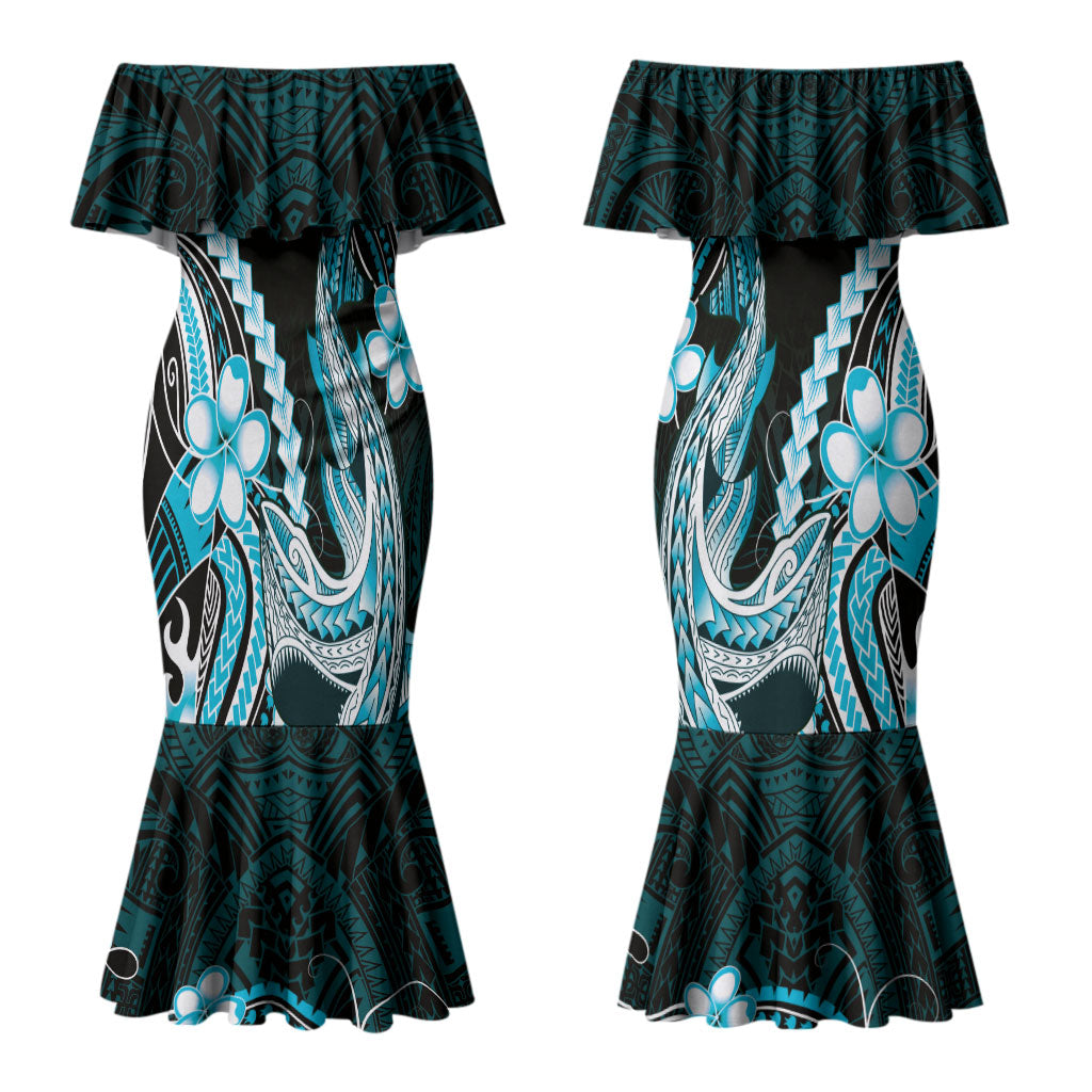 Blue Black Aloha Hawaii Couples Matching Mermaid Dress and Hawaiian Shirt Polynesian Shark Tattoo Plumeria LT14 - Polynesian Pride
