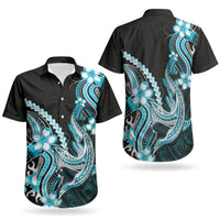 Blue Black Aloha Hawaii Couples Matching Off Shoulder Short Dress and Hawaiian Shirt Polynesian Shark Tattoo Plumeria LT14 - Polynesian Pride