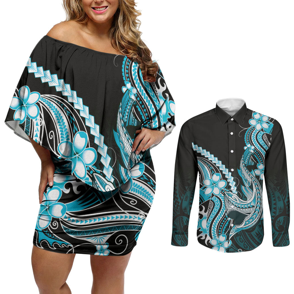 Blue Black Aloha Hawaii Couples Matching Off Shoulder Short Dress and Long Sleeve Button Shirt Polynesian Shark Tattoo Plumeria LT14 Blue - Polynesian Pride
