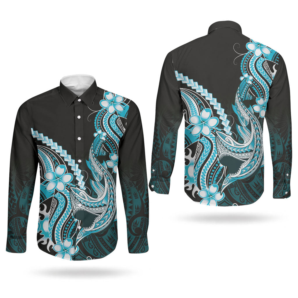 Blue Black Aloha Hawaii Couples Matching Off Shoulder Short Dress and Long Sleeve Button Shirt Polynesian Shark Tattoo Plumeria LT14 - Polynesian Pride