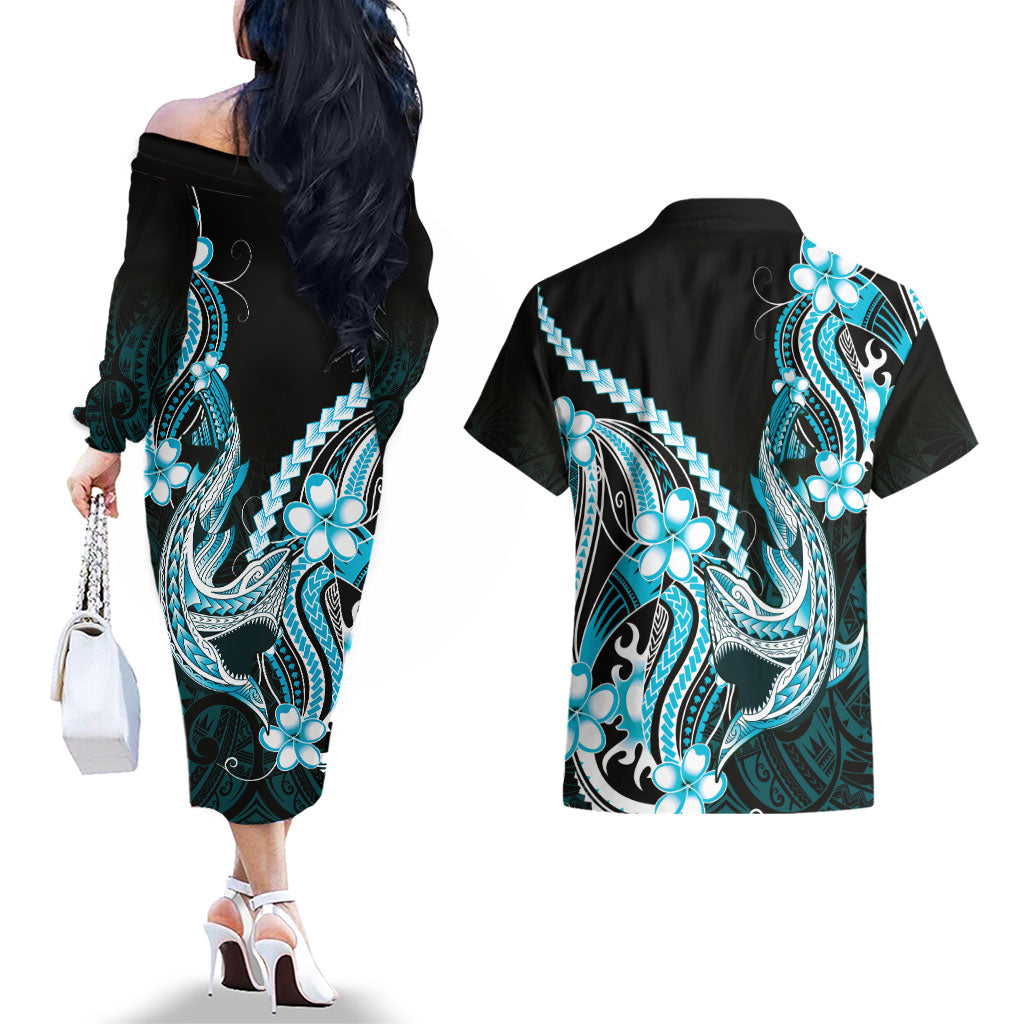 Blue Black Aloha Hawaii Couples Matching Off The Shoulder Long Sleeve Dress and Hawaiian Shirt Polynesian Shark Tattoo Plumeria LT14 - Polynesian Pride