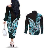Blue Black Aloha Hawaii Couples Matching Off The Shoulder Long Sleeve Dress and Long Sleeve Button Shirt Polynesian Shark Tattoo Plumeria