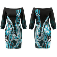 Blue Black Aloha Hawaii Couples Matching Off The Shoulder Long Sleeve Dress and Long Sleeve Button Shirt Polynesian Shark Tattoo Plumeria LT14 - Polynesian Pride