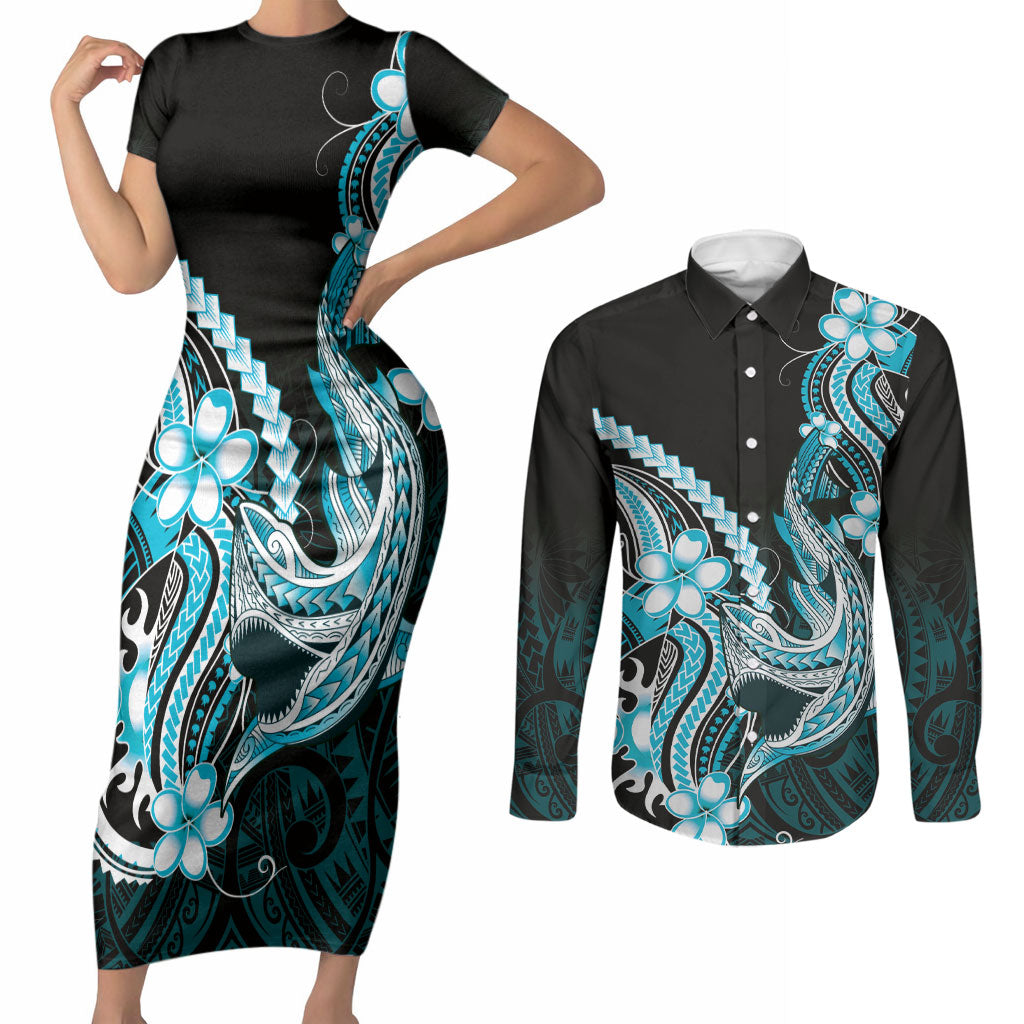 Blue Black Aloha Hawaii Couples Matching Short Sleeve Bodycon Dress and Long Sleeve Button Shirt Polynesian Shark Tattoo Plumeria LT14 Blue - Polynesian Pride