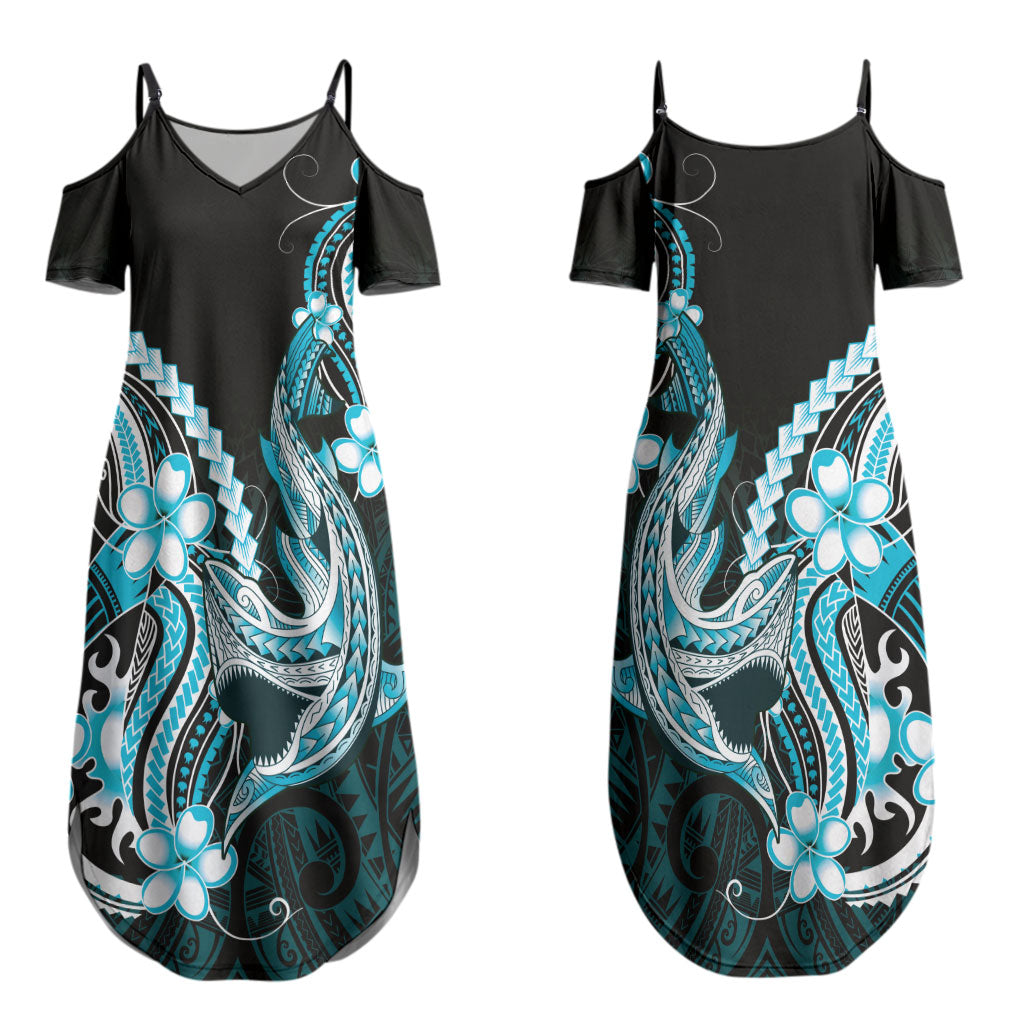 Blue Black Aloha Hawaii Couples Matching Summer Maxi Dress and Hawaiian Shirt Polynesian Shark Tattoo Plumeria LT14 - Polynesian Pride