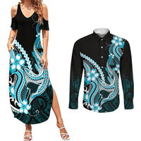 Blue Black Aloha Hawaii Couples Matching Summer Maxi Dress and Long Sleeve Button Shirt Polynesian Shark Tattoo Plumeria