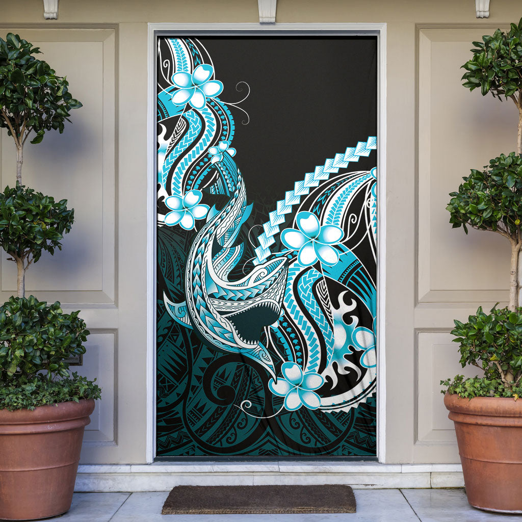 Blue Black Aloha Hawaii Door Cover Polynesian Shark Tattoo Plumeria