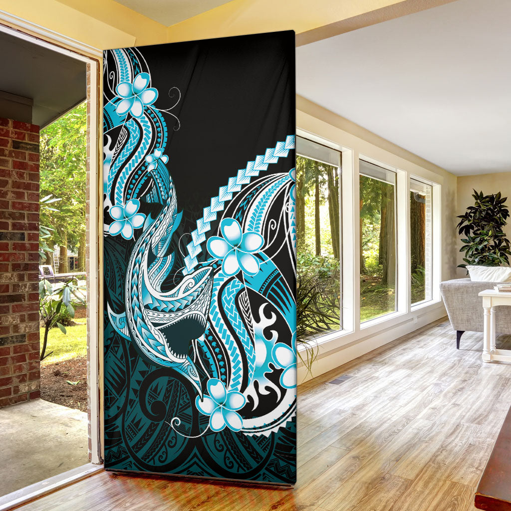 Blue Black Aloha Hawaii Door Cover Polynesian Shark Tattoo Plumeria
