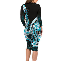 Blue Black Aloha Hawaii Family Matching Long Sleeve Bodycon Dress and Hawaiian Shirt Polynesian Shark Tattoo Plumeria LT14 - Polynesian Pride