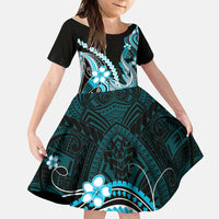 Blue Black Aloha Hawaii Family Matching Off The Shoulder Long Sleeve Dress and Hawaiian Shirt Polynesian Shark Tattoo Plumeria LT14 Daughter's Dress Blue - Polynesian Pride