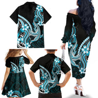 Blue Black Aloha Hawaii Family Matching Off The Shoulder Long Sleeve Dress and Hawaiian Shirt Polynesian Shark Tattoo Plumeria LT14 - Polynesian Pride