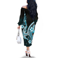 Blue Black Aloha Hawaii Family Matching Off The Shoulder Long Sleeve Dress and Hawaiian Shirt Polynesian Shark Tattoo Plumeria LT14 - Polynesian Pride