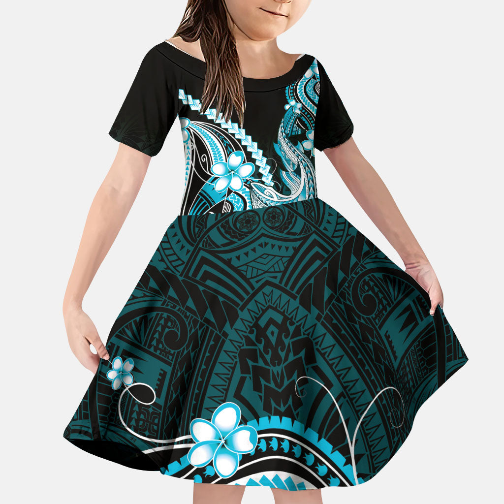 Blue Black Aloha Hawaii Family Matching Off Shoulder Maxi Dress and Hawaiian Shirt Polynesian Shark Tattoo Plumeria LT14 Daughter's Dress Blue - Polynesian Pride
