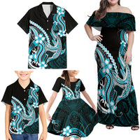 Blue Black Aloha Hawaii Family Matching Off Shoulder Maxi Dress and Hawaiian Shirt Polynesian Shark Tattoo Plumeria LT14 - Polynesian Pride