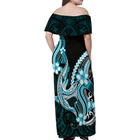 Blue Black Aloha Hawaii Family Matching Off Shoulder Maxi Dress and Hawaiian Shirt Polynesian Shark Tattoo Plumeria LT14 - Polynesian Pride