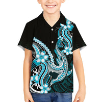 Blue Black Aloha Hawaii Family Matching Off Shoulder Maxi Dress and Hawaiian Shirt Polynesian Shark Tattoo Plumeria LT14 Son's Shirt Blue - Polynesian Pride