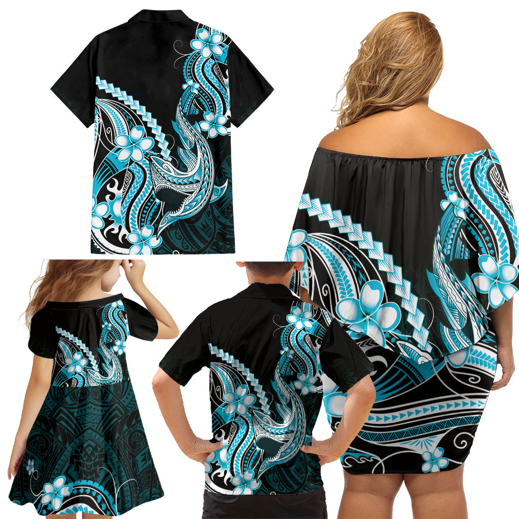 Blue Black Aloha Hawaii Family Matching Off Shoulder Short Dress and Hawaiian Shirt Polynesian Shark Tattoo Plumeria LT14 - Polynesian Pride