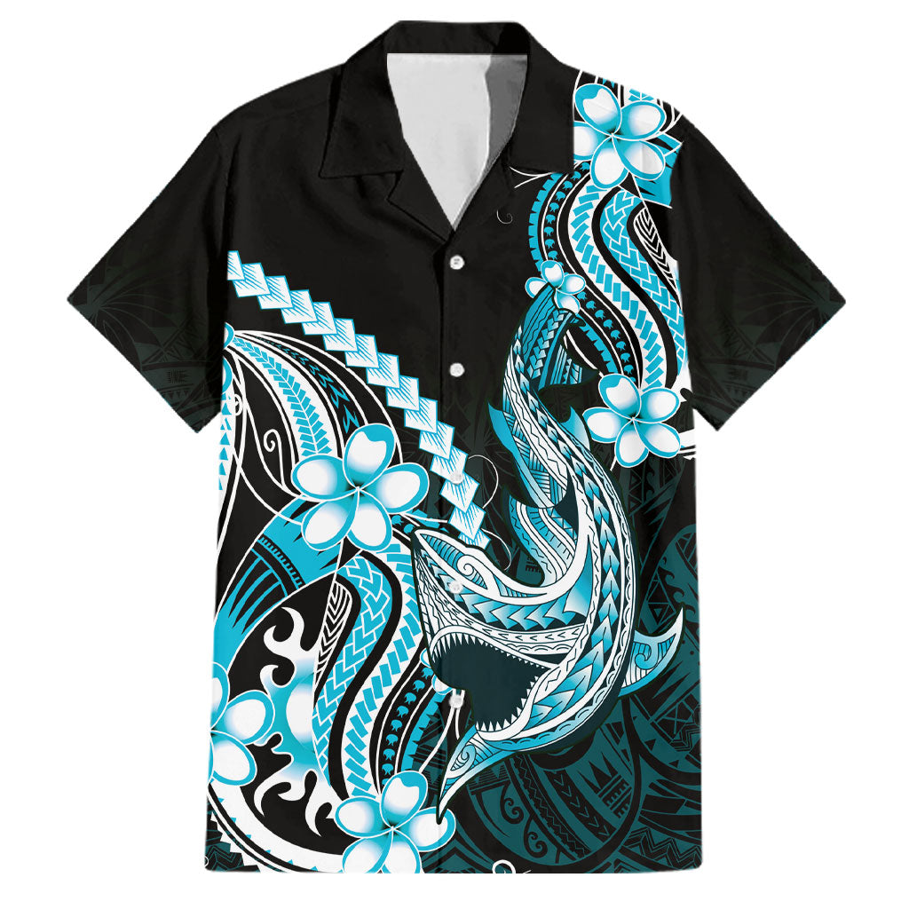 Blue Black Aloha Hawaii Family Matching Off Shoulder Short Dress and Hawaiian Shirt Polynesian Shark Tattoo Plumeria LT14 Dad's Shirt - Short Sleeve Blue - Polynesian Pride