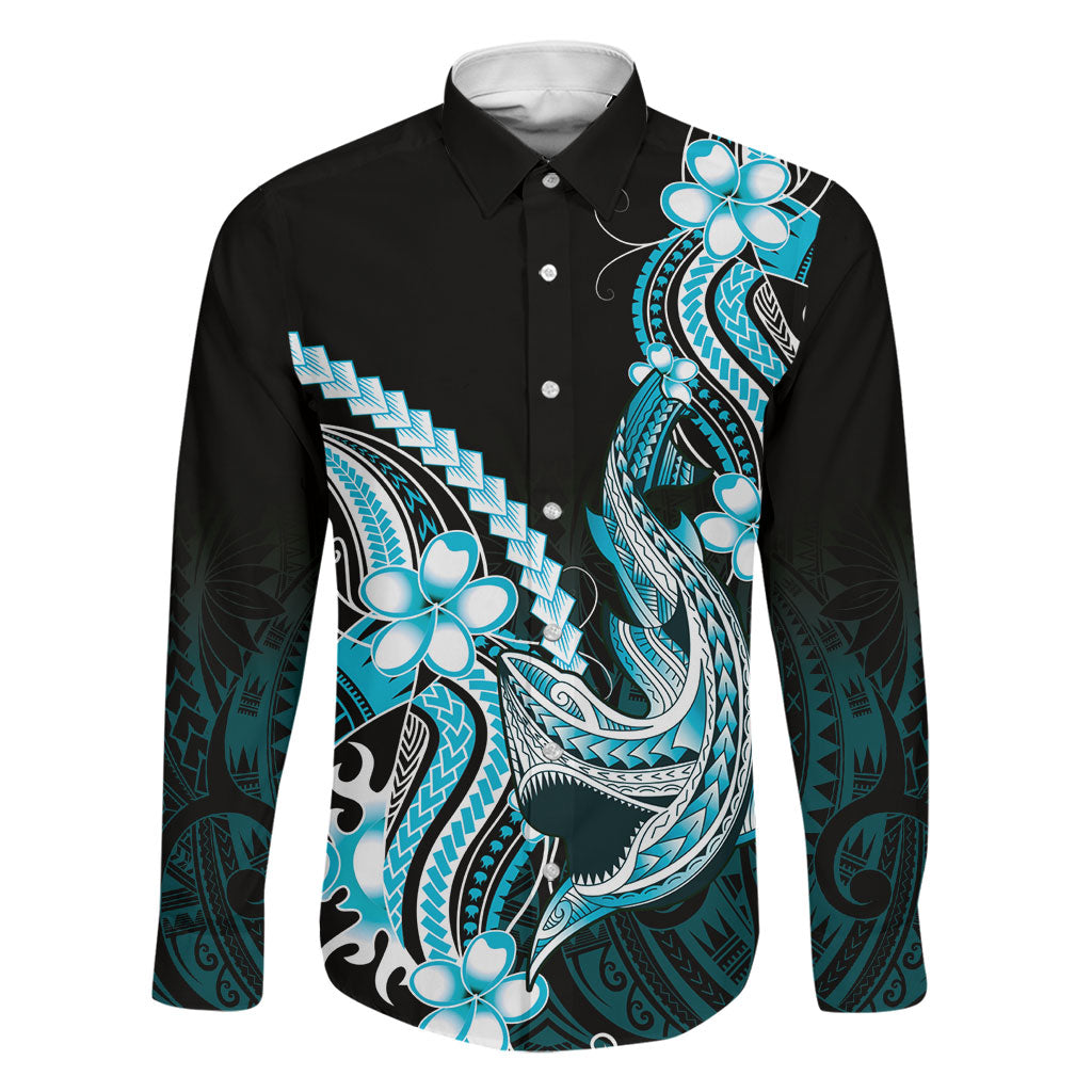 Blue Black Aloha Hawaii Family Matching Off Shoulder Short Dress and Hawaiian Shirt Polynesian Shark Tattoo Plumeria LT14 Dad's Shirt - Long Sleeve Blue - Polynesian Pride
