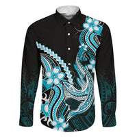 Blue Black Aloha Hawaii Family Matching Puletasi and Hawaiian Shirt Polynesian Shark Tattoo Plumeria LT14 Dad's Shirt - Long Sleeve Blue - Polynesian Pride