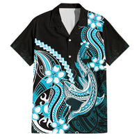 Blue Black Aloha Hawaii Family Matching Short Sleeve Bodycon Dress and Hawaiian Shirt Polynesian Shark Tattoo Plumeria LT14 Dad's Shirt - Short Sleeve Blue - Polynesian Pride