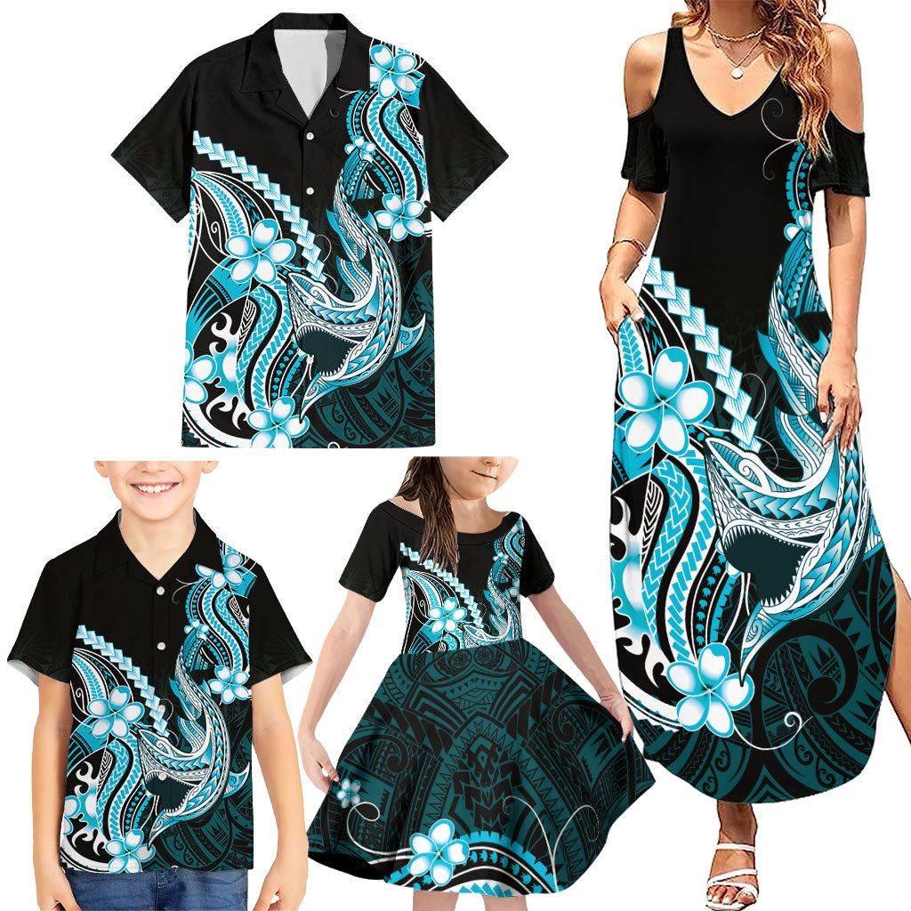 Blue Black Aloha Hawaii Family Matching Summer Maxi Dress and Hawaiian Shirt Polynesian Shark Tattoo Plumeria