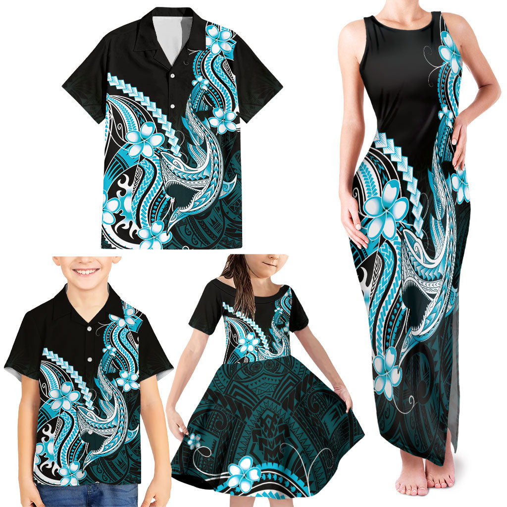 Blue Black Aloha Hawaii Family Matching Tank Maxi Dress and Hawaiian Shirt Polynesian Shark Tattoo Plumeria LT14 - Polynesian Pride