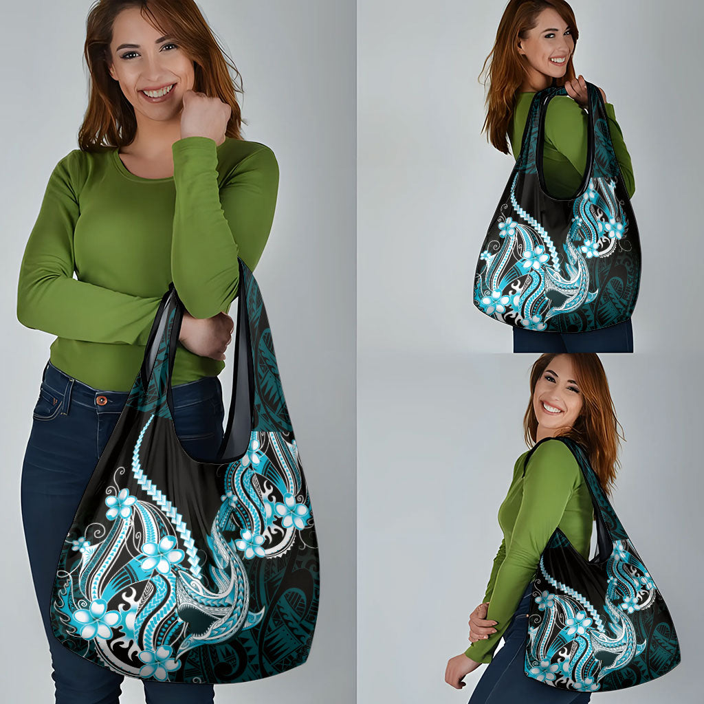 Blue Black Aloha Hawaii Grocery Bag Polynesian Shark Tattoo Plumeria