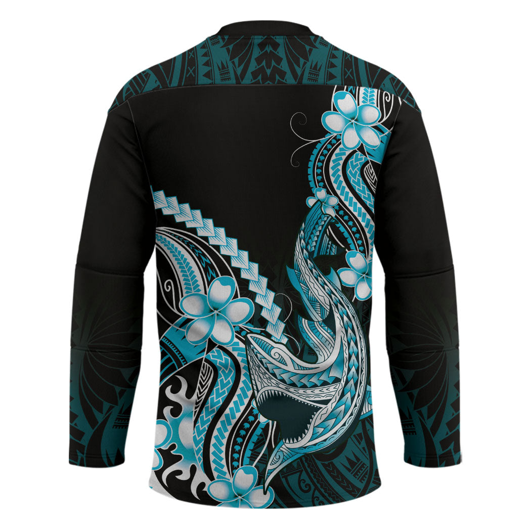 Blue Black Aloha Hawaii Hockey Jersey Polynesian Shark Tattoo Plumeria