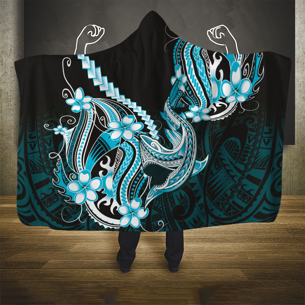 Blue Black Aloha Hawaii Hooded Blanket Polynesian Shark Tattoo Plumeria