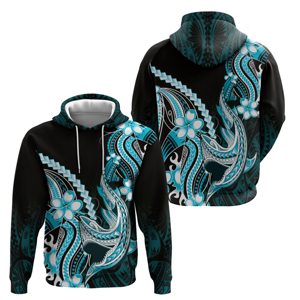 Blue Black Aloha Hawaii Hoodie Polynesian Shark Tattoo Plumeria