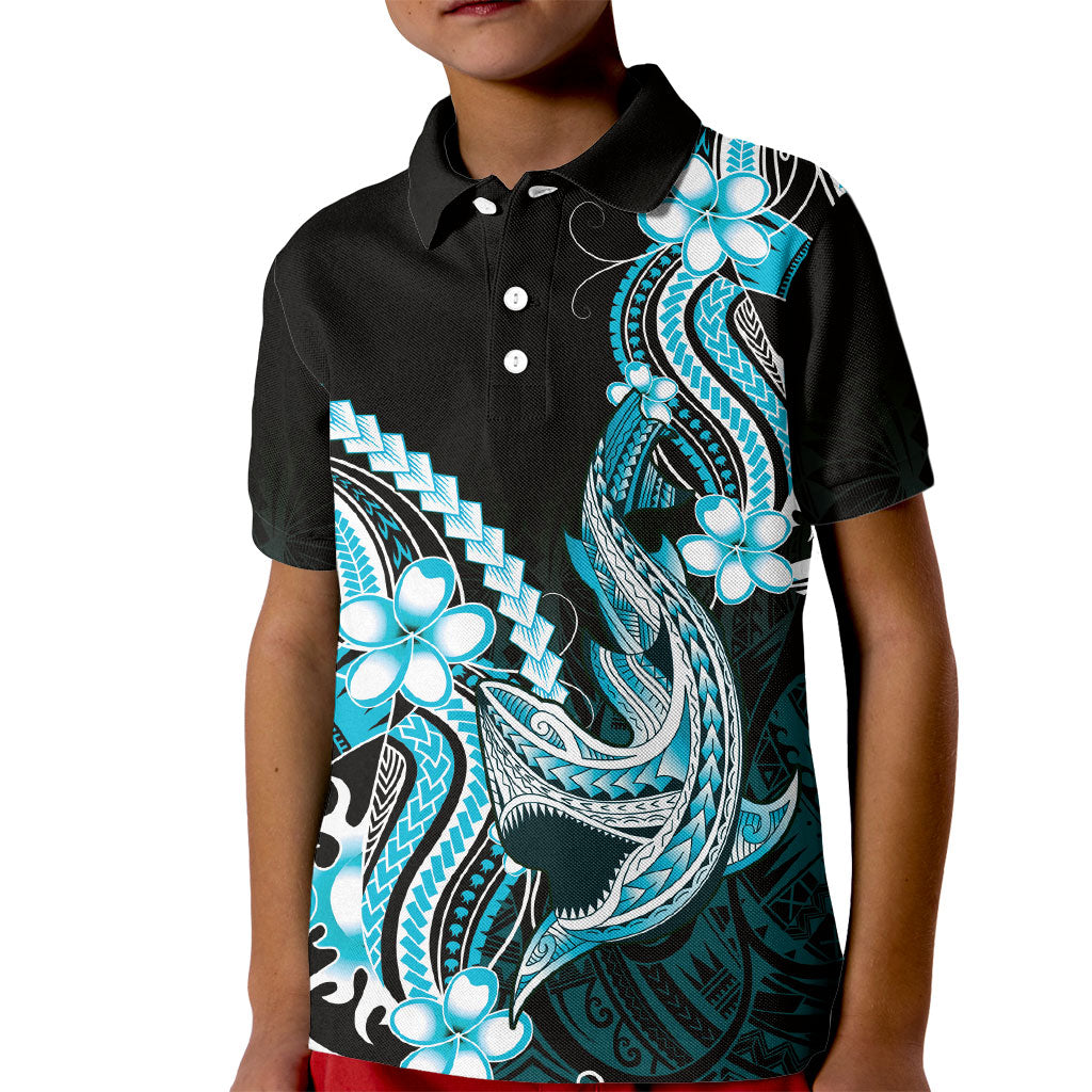 Blue Black Aloha Hawaii Kid Polo Shirt Polynesian Shark Tattoo Plumeria