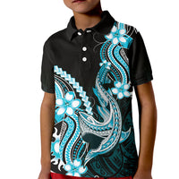 Blue Black Aloha Hawaii Kid Polo Shirt Polynesian Shark Tattoo Plumeria