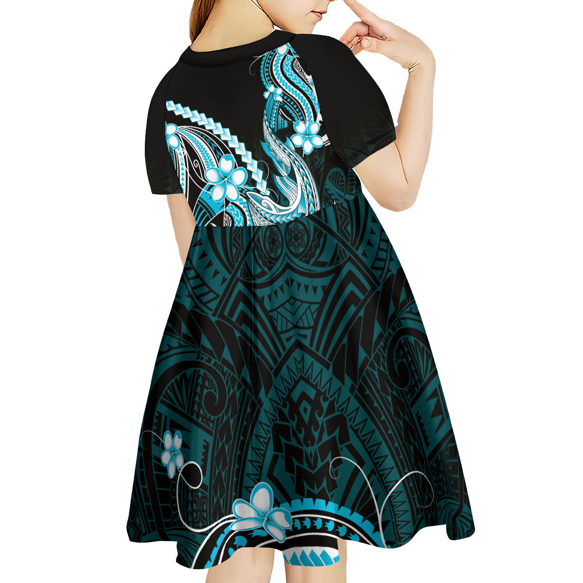 Blue Black Aloha Hawaii Kid Short Sleeve Dress Polynesian Shark Tattoo Plumeria