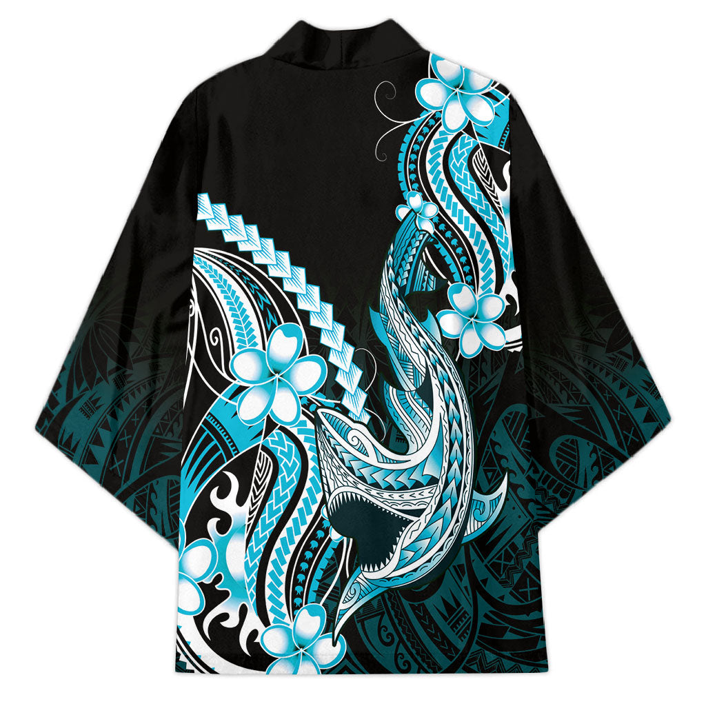 Blue Black Aloha Hawaii Kimono Polynesian Shark Tattoo Plumeria