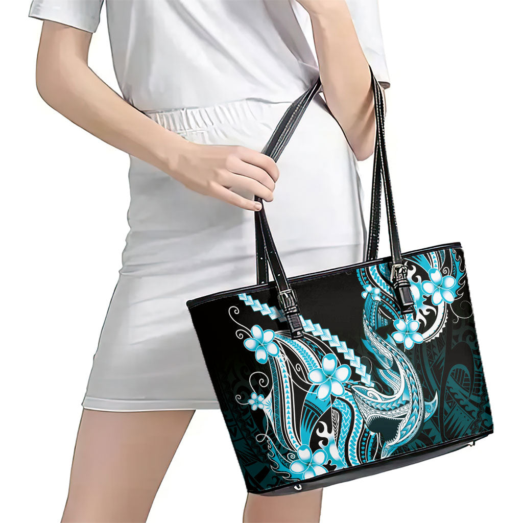Blue Black Aloha Hawaii Leather Tote Bag Polynesian Shark Tattoo Plumeria