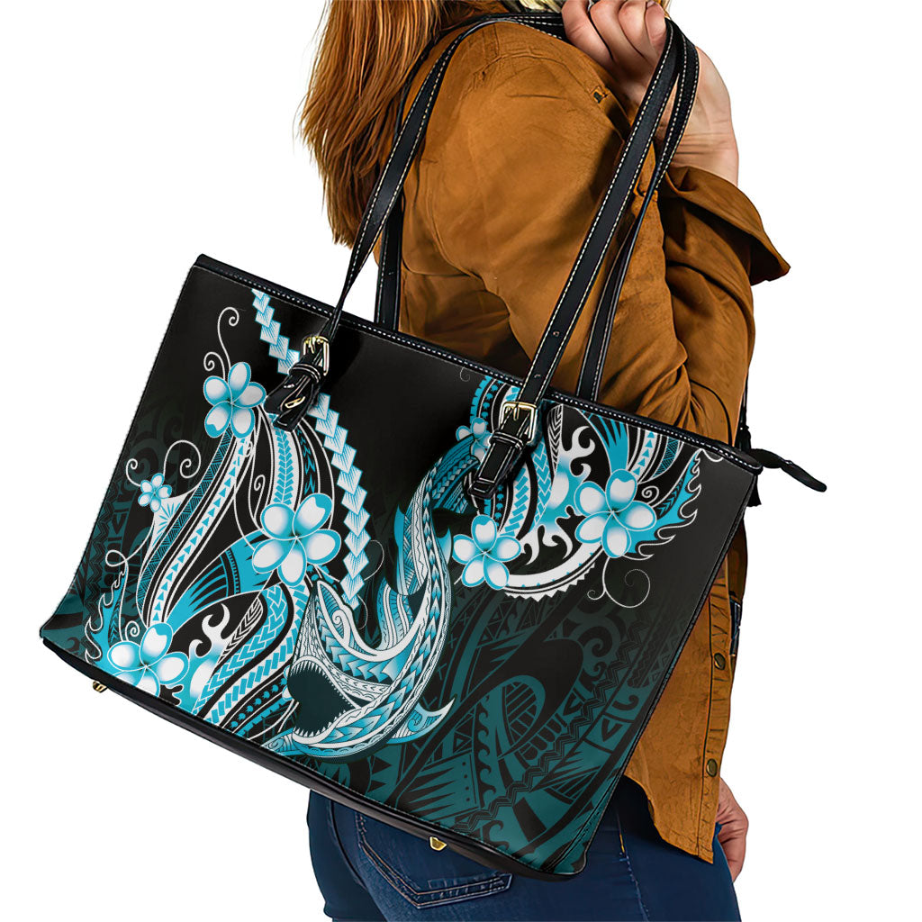 Blue Black Aloha Hawaii Leather Tote Bag Polynesian Shark Tattoo Plumeria