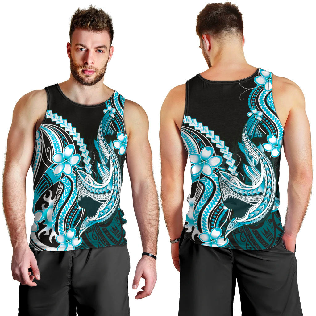 Blue Black Aloha Hawaii Men Tank Top Polynesian Shark Tattoo Plumeria
