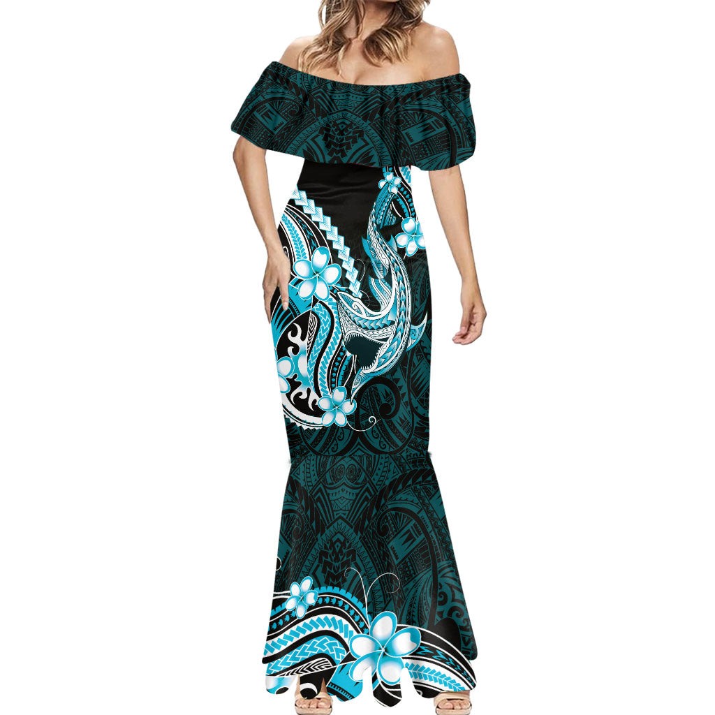 Blue Black Aloha Hawaii Mermaid Dress Polynesian Shark Tattoo Plumeria