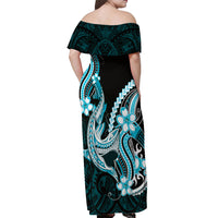 Blue Black Aloha Hawaii Off Shoulder Maxi Dress Polynesian Shark Tattoo Plumeria
