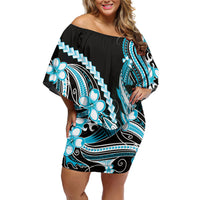 Blue Black Aloha Hawaii Off Shoulder Short Dress Polynesian Shark Tattoo Plumeria