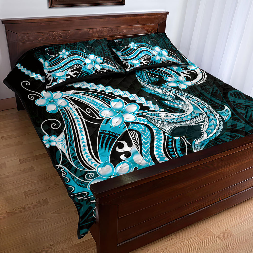 Blue Black Aloha Hawaii Quilt Bed Set Polynesian Shark Tattoo Plumeria